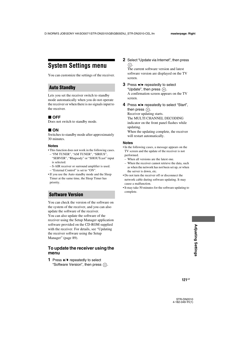 System settings menu, Auto standby software version | Sony STR-DN2010 User Manual | Page 121 / 152