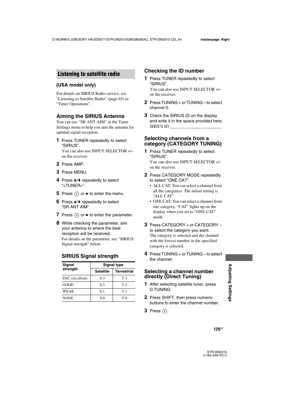 Listening to satellite radio | Sony STR-DN2010 User Manual | Page 129 / 152