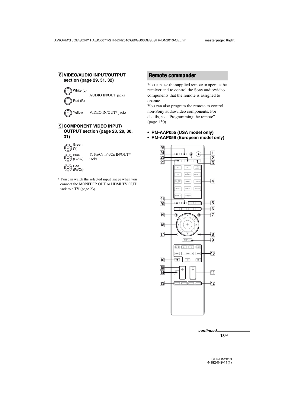 Remote commander | Sony STR-DN2010 User Manual | Page 13 / 152