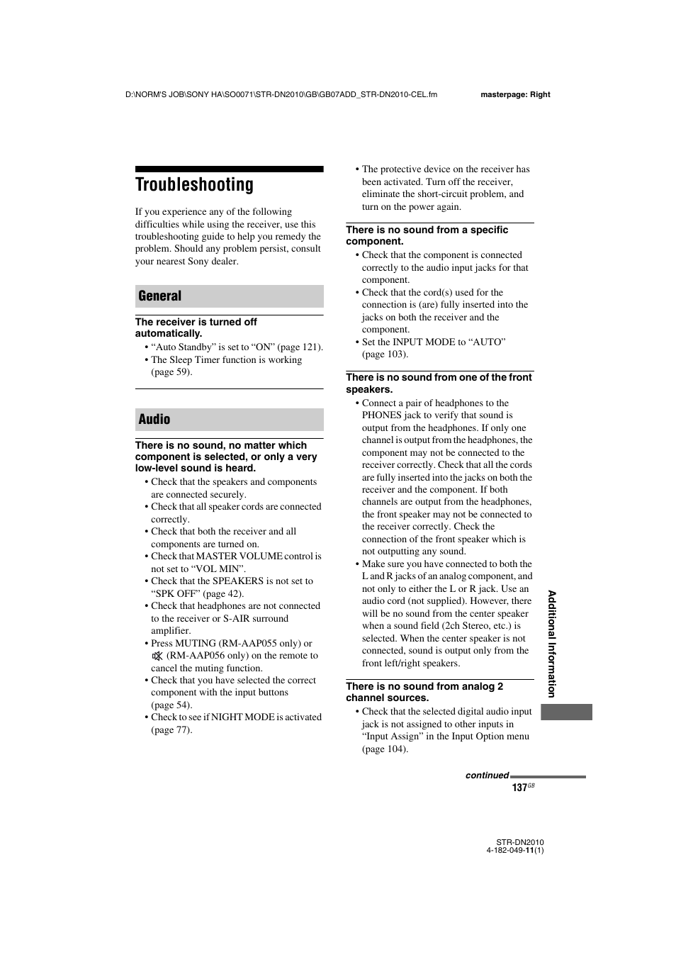 Troubleshooting, General audio | Sony STR-DN2010 User Manual | Page 137 / 152