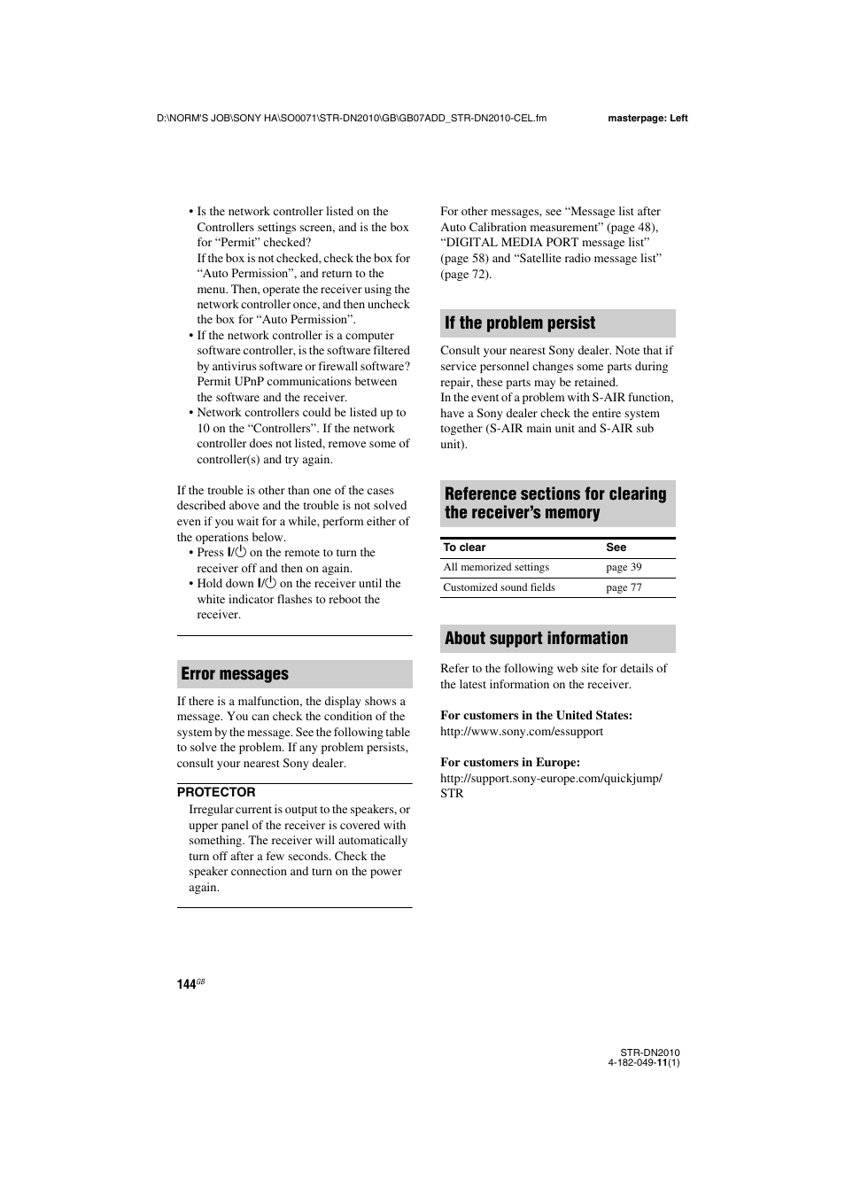 About support information | Sony STR-DN2010 User Manual | Page 144 / 152