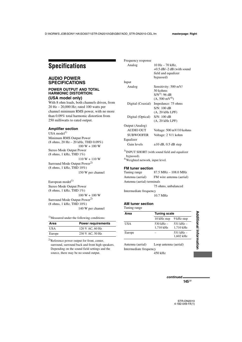 Specifications, Audio power specifications | Sony STR-DN2010 User Manual | Page 145 / 152