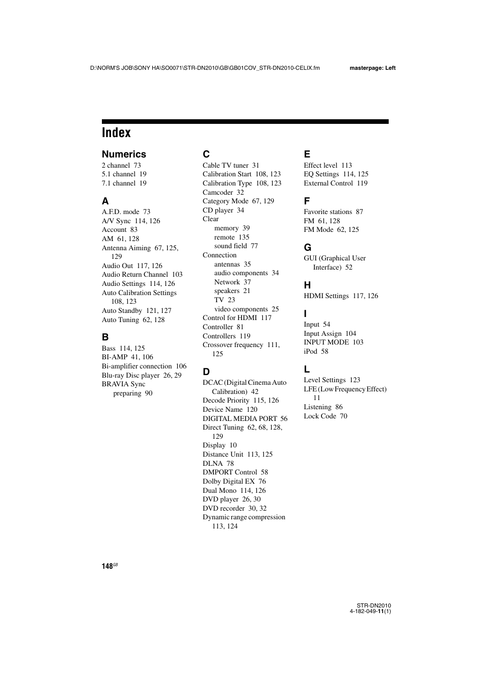 Index, Numerics | Sony STR-DN2010 User Manual | Page 148 / 152