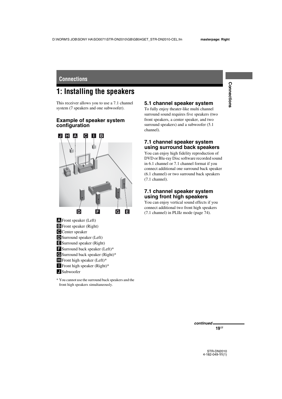 Connections, Installing the speakers | Sony STR-DN2010 User Manual | Page 19 / 152