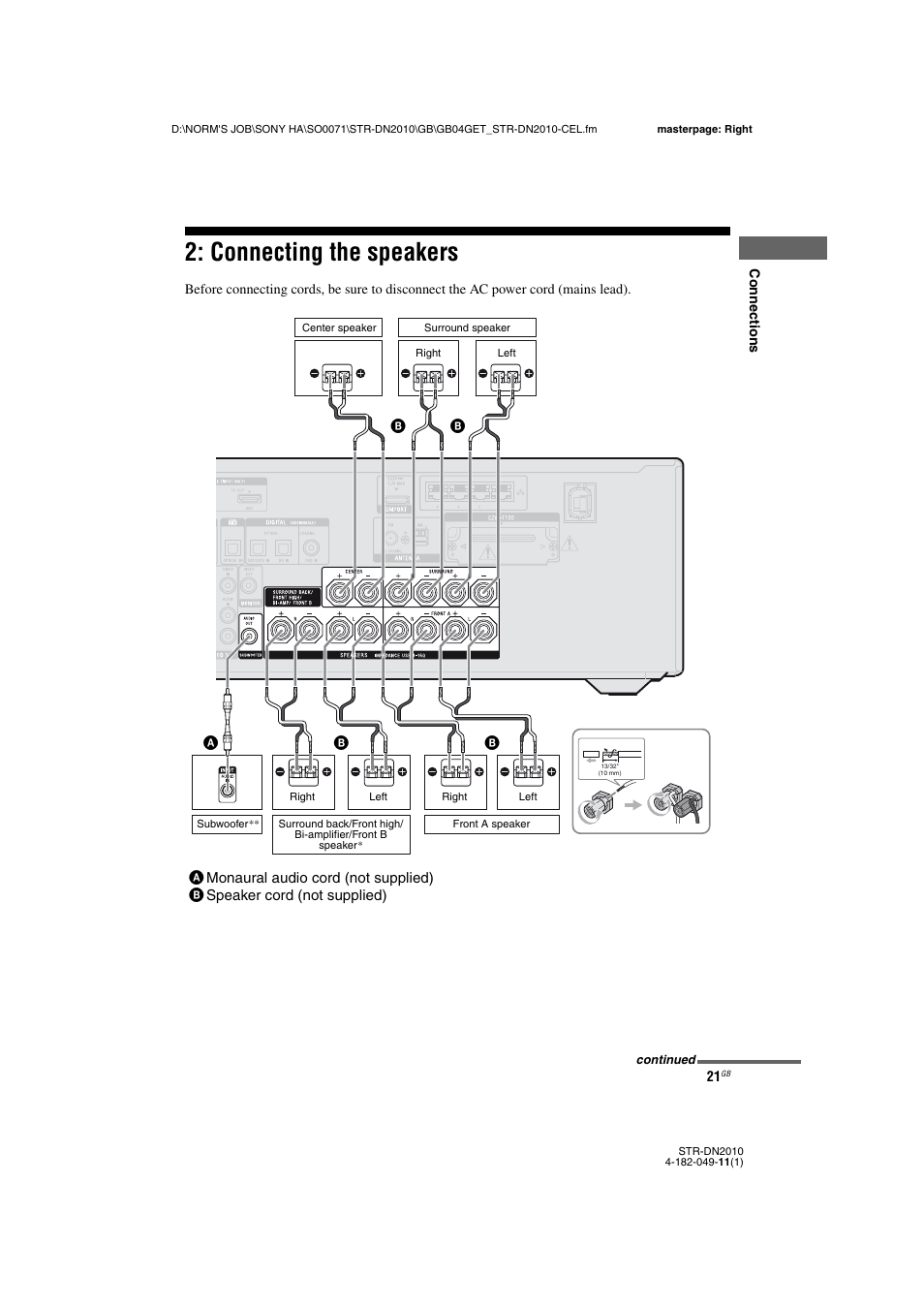 Connecting the speakers | Sony STR-DN2010 User Manual | Page 21 / 152