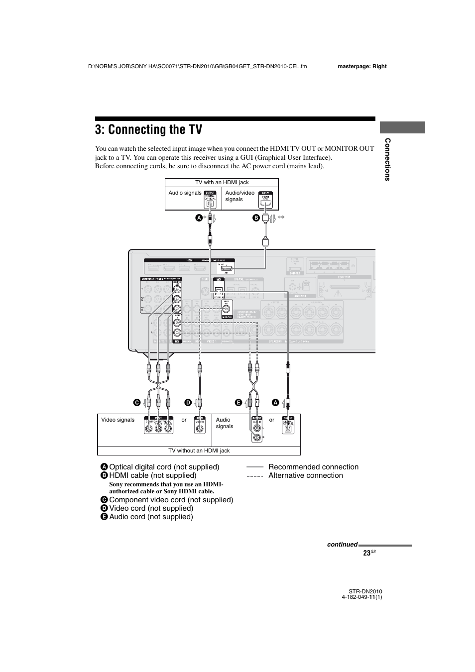 Connecting the tv | Sony STR-DN2010 User Manual | Page 23 / 152