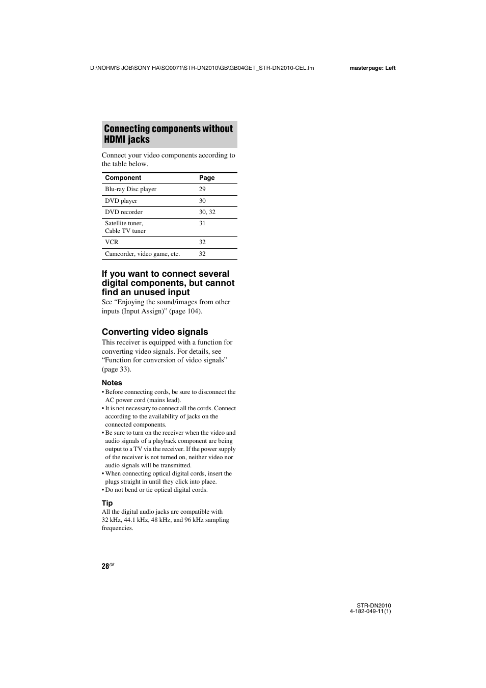 Connecting components without hdmi jacks, Converting video signals | Sony STR-DN2010 User Manual | Page 28 / 152