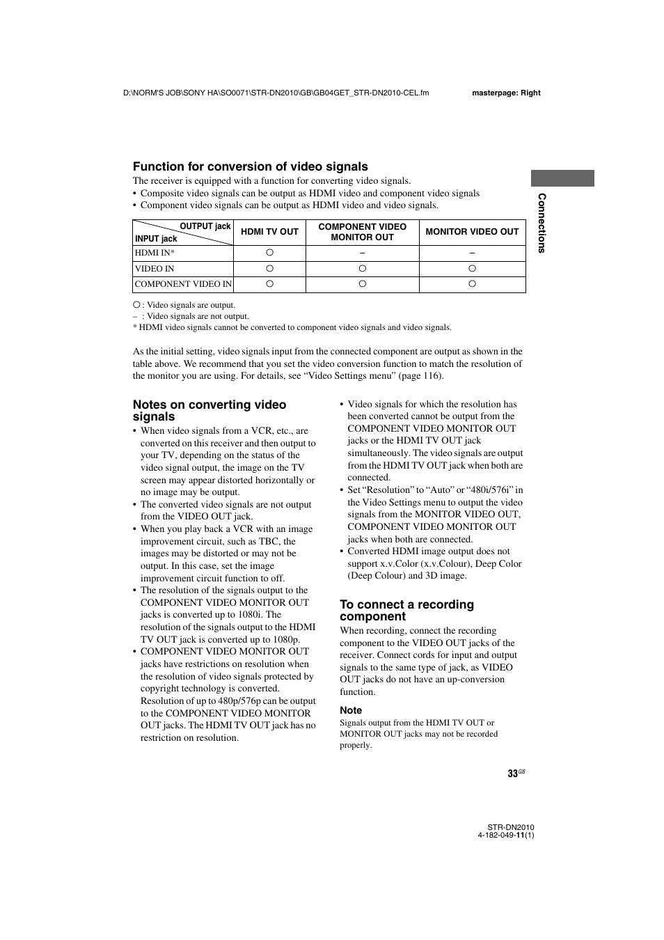 Function for conversion of video signals | Sony STR-DN2010 User Manual | Page 33 / 152