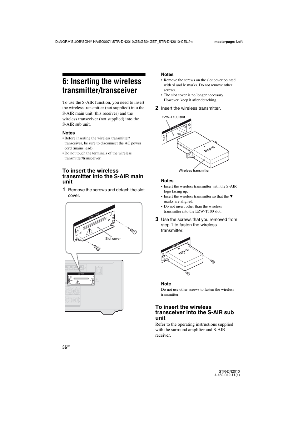 Inserting the wireless transmitter/transceiver, Inserting the wireless transmitter, Transceiver | Sony STR-DN2010 User Manual | Page 36 / 152