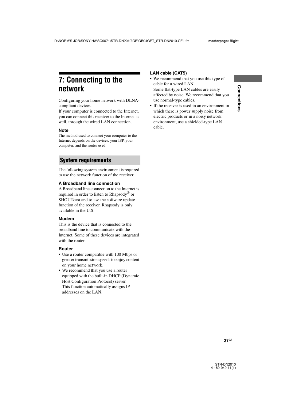 Connecting to the network, System requirements | Sony STR-DN2010 User Manual | Page 37 / 152