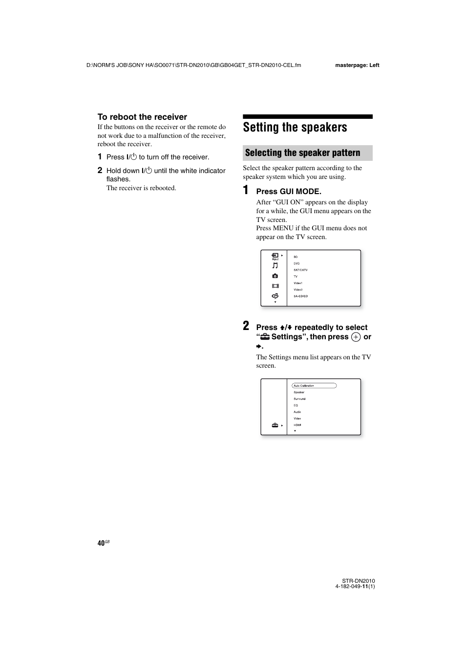 Setting the speakers, Selecting the speaker pattern | Sony STR-DN2010 User Manual | Page 40 / 152