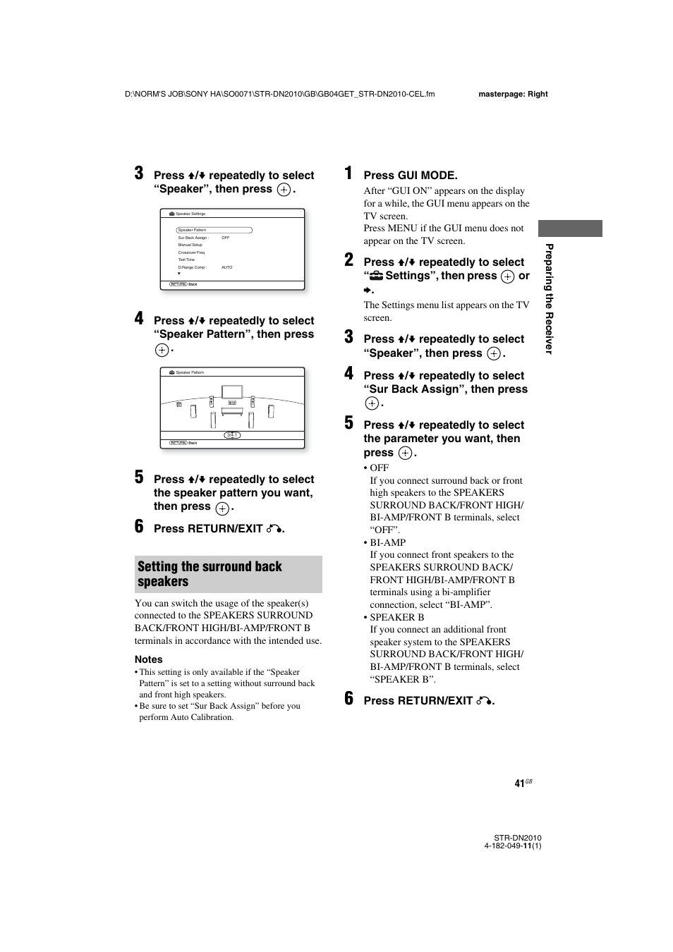 Setting the surround back speakers | Sony STR-DN2010 User Manual | Page 41 / 152