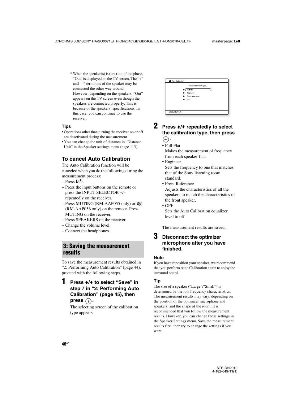 Saving the measurement results | Sony STR-DN2010 User Manual | Page 46 / 152