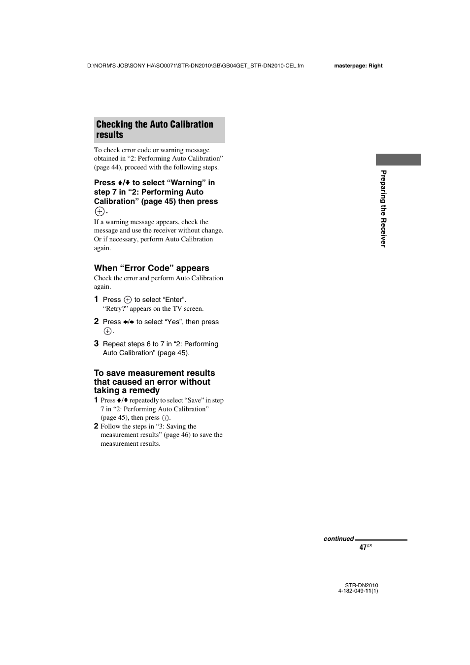 Checking the auto calibration results | Sony STR-DN2010 User Manual | Page 47 / 152