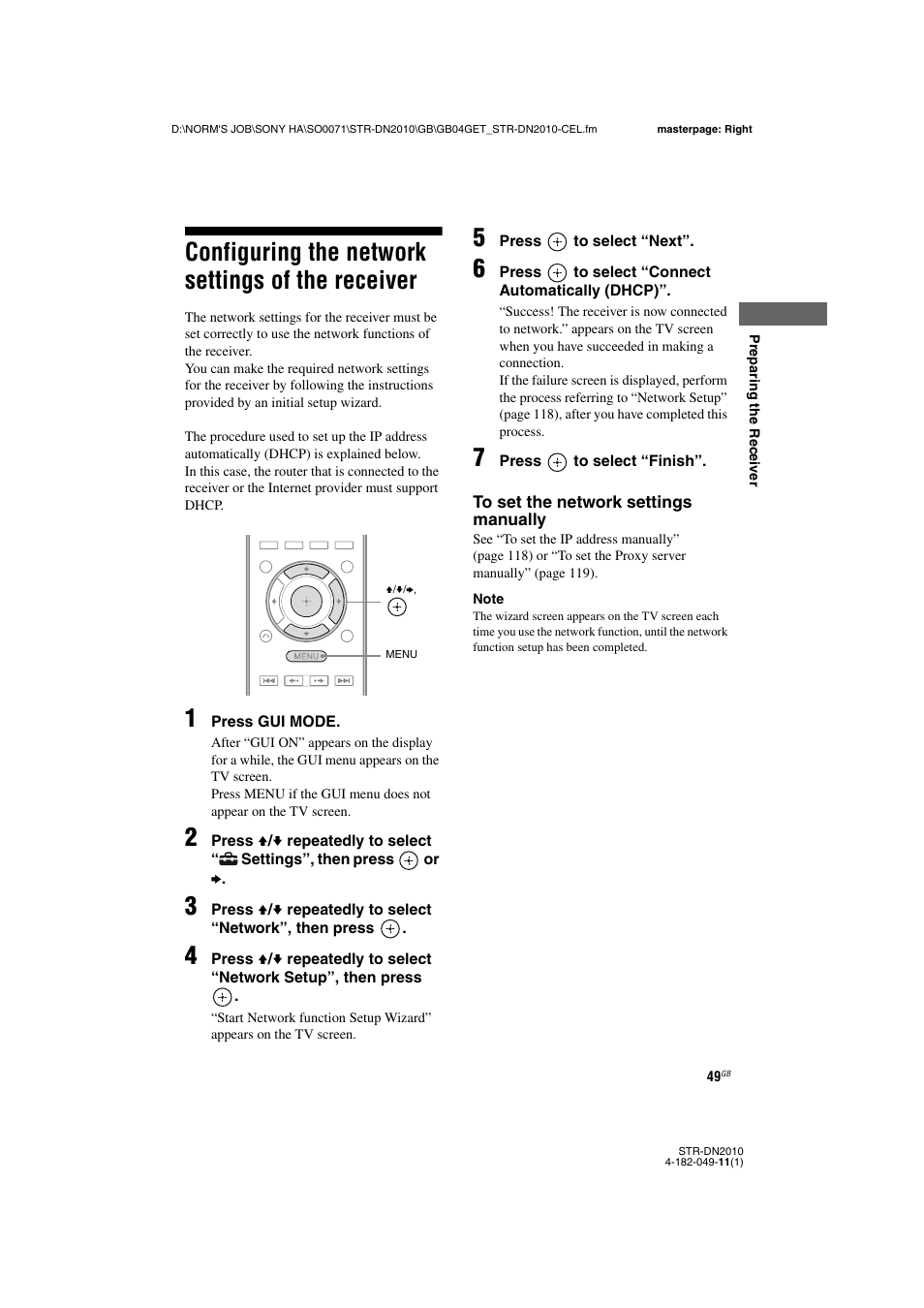 Configuring the network settings of the receiver, Configuring the network settings of the, Receiver | Sony STR-DN2010 User Manual | Page 49 / 152