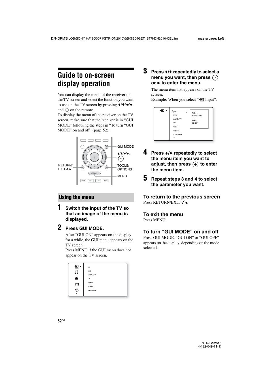 Guide to on-screen display operation, Using the menu | Sony STR-DN2010 User Manual | Page 52 / 152