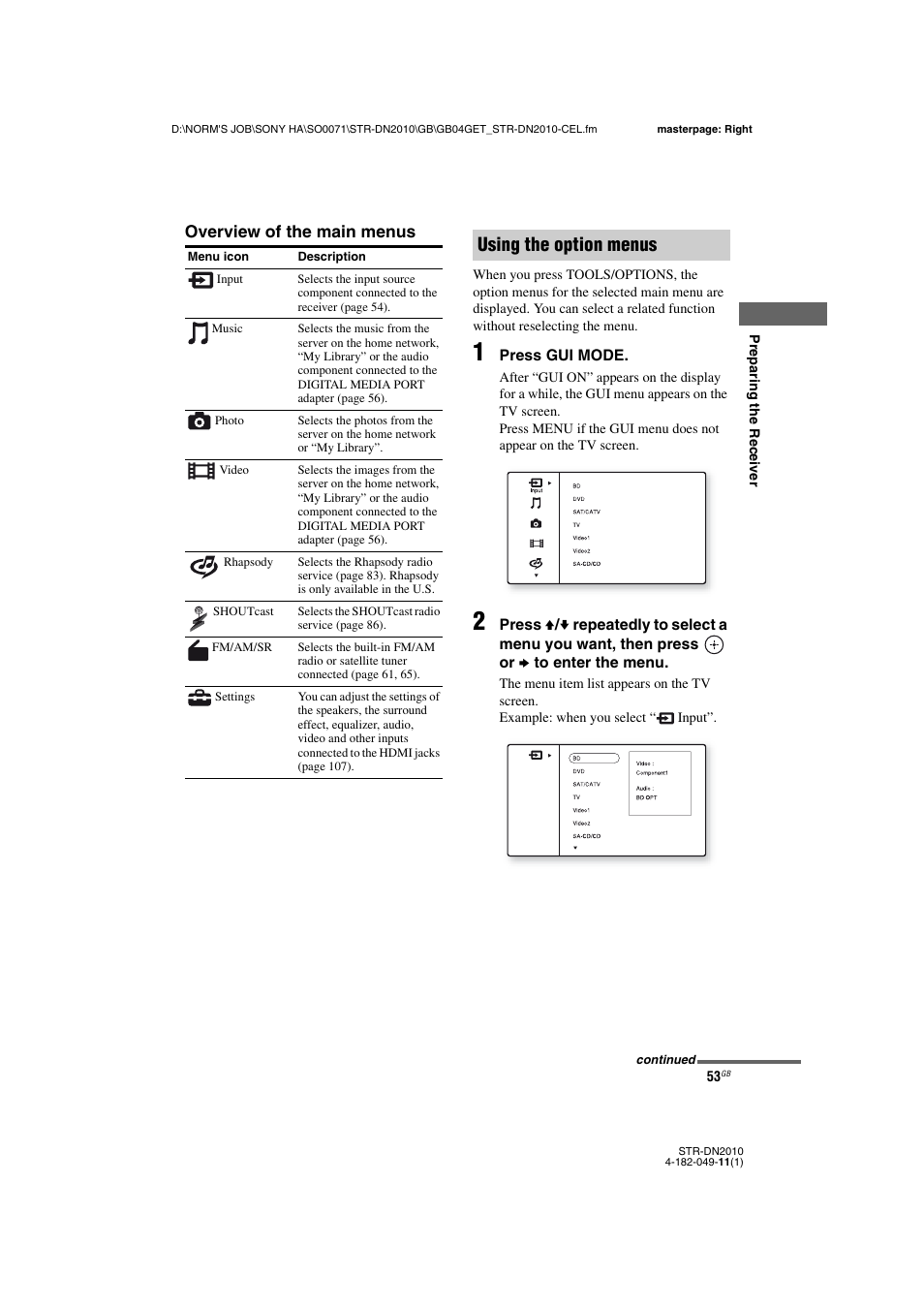Using the option menus | Sony STR-DN2010 User Manual | Page 53 / 152