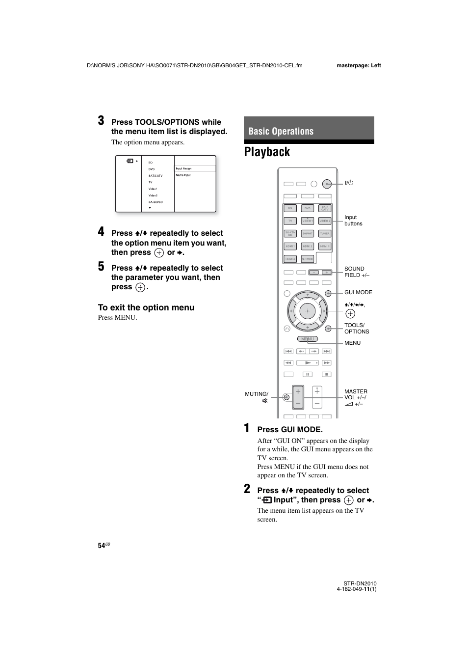 Basic operations, Playback, Playback 1 | Sony STR-DN2010 User Manual | Page 54 / 152