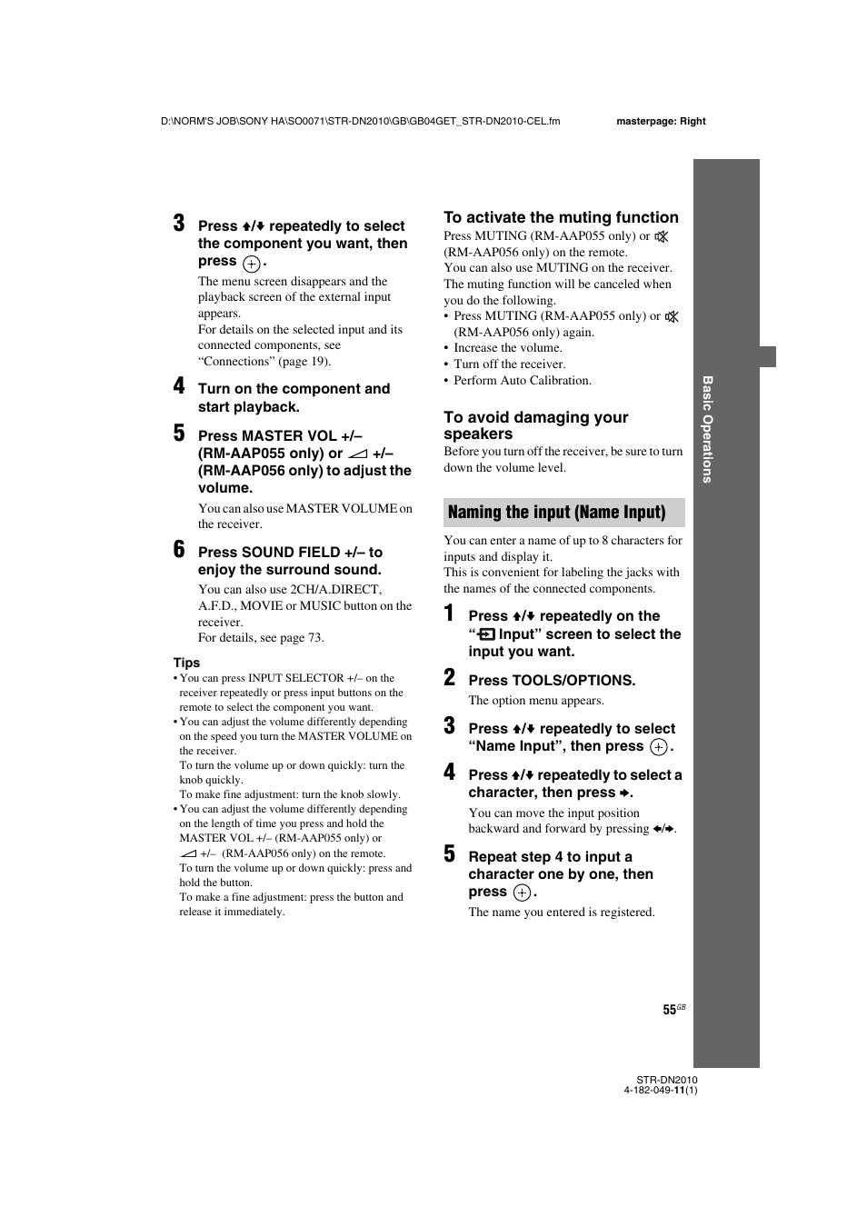 Naming the input (name input) | Sony STR-DN2010 User Manual | Page 55 / 152