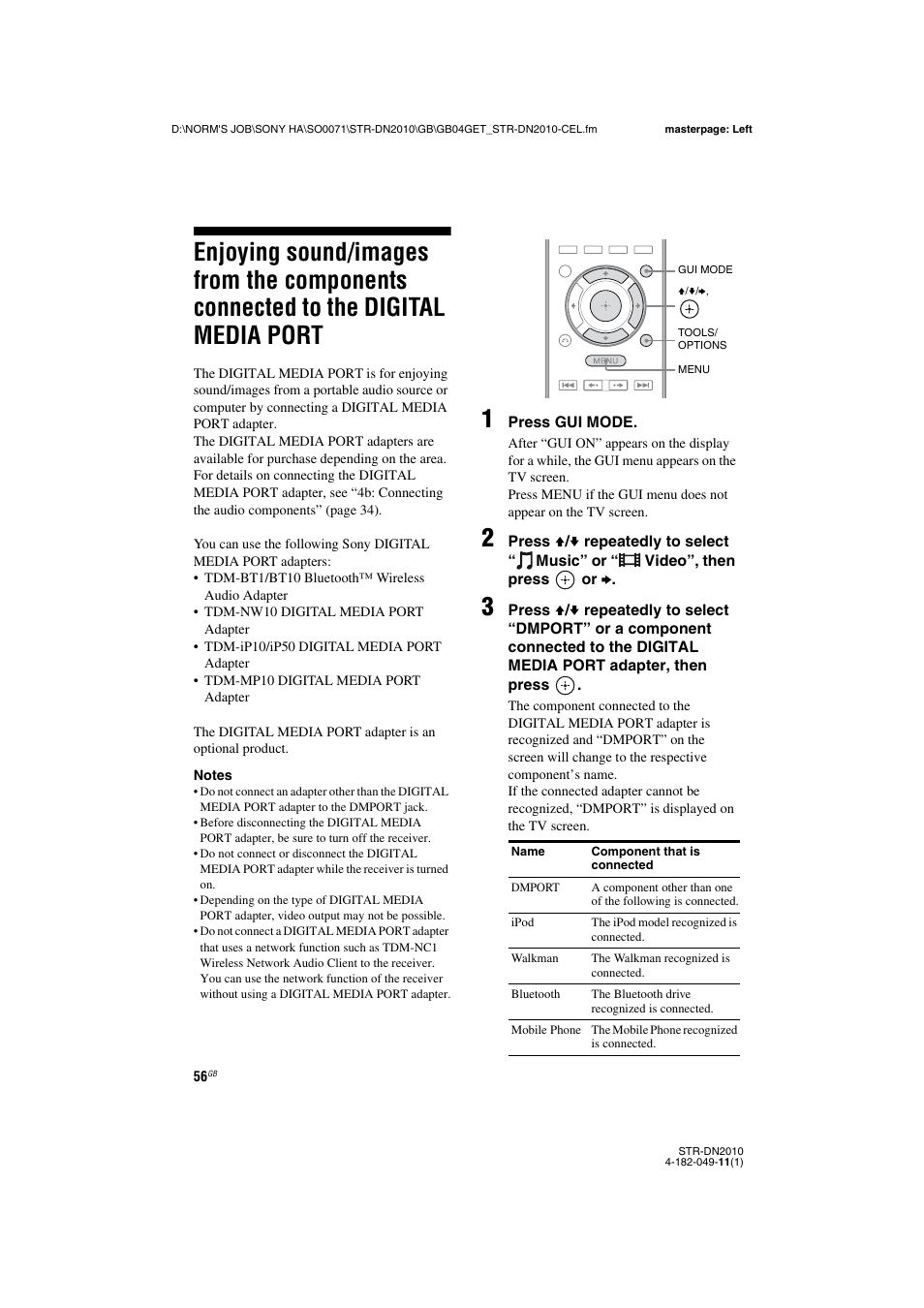 Enjoying sound/images from the components, Connected to the digital media, Port | Sony STR-DN2010 User Manual | Page 56 / 152