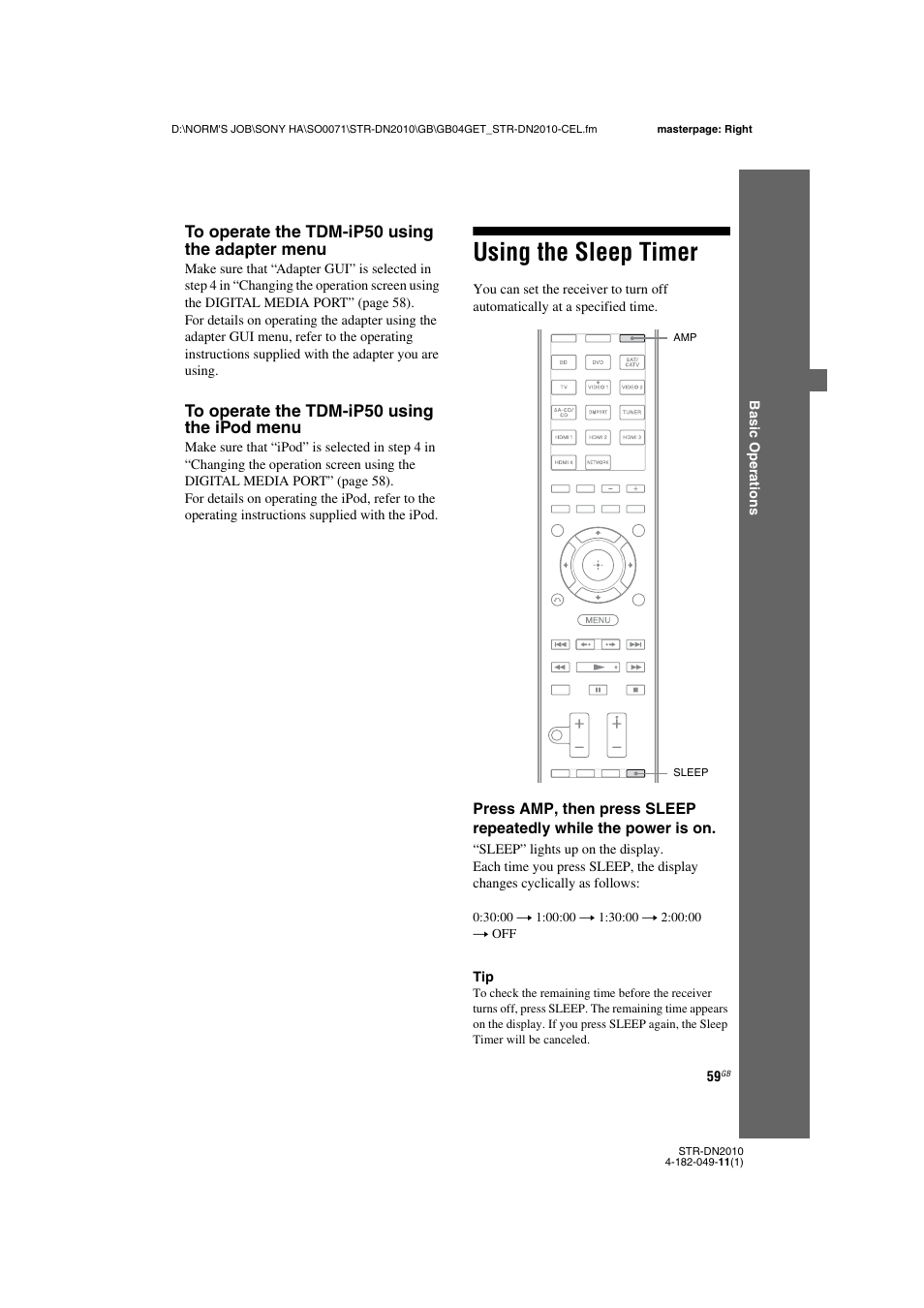 Using the sleep timer | Sony STR-DN2010 User Manual | Page 59 / 152
