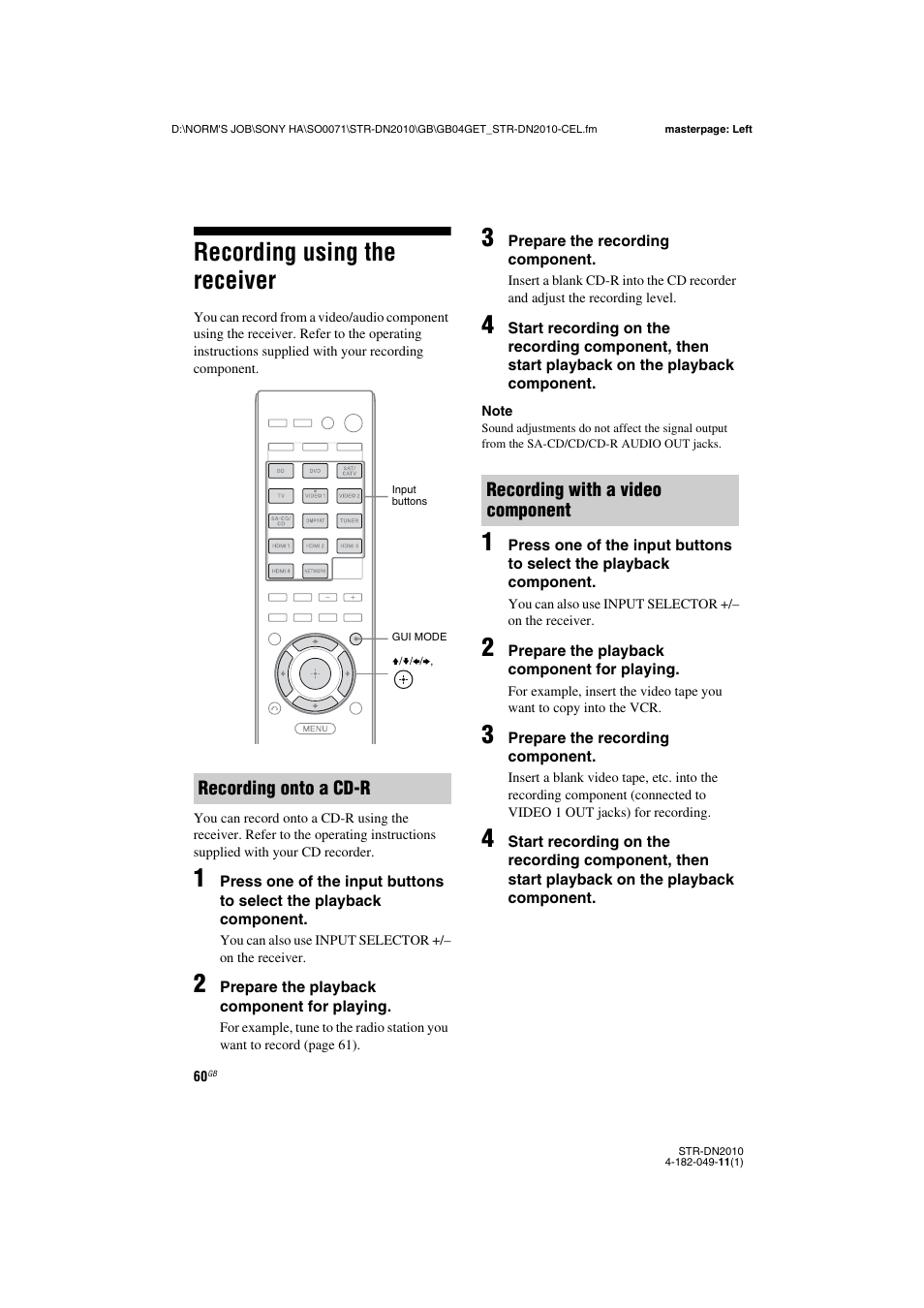 Recording using the receiver | Sony STR-DN2010 User Manual | Page 60 / 152