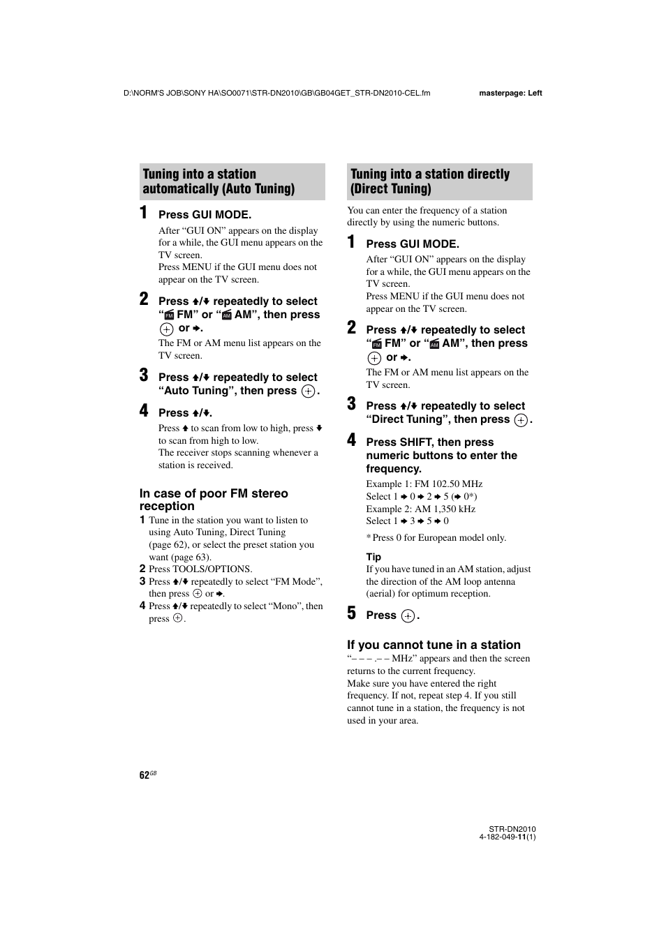 Tuning into a station automatically (auto tuning), Tuning into a station directly (direct tuning) | Sony STR-DN2010 User Manual | Page 62 / 152