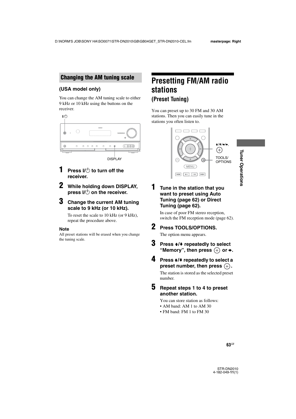 Presetting fm/am radio stations (preset tuning), Presetting fm/am radio stations, Preset tuning) | Sony STR-DN2010 User Manual | Page 63 / 152