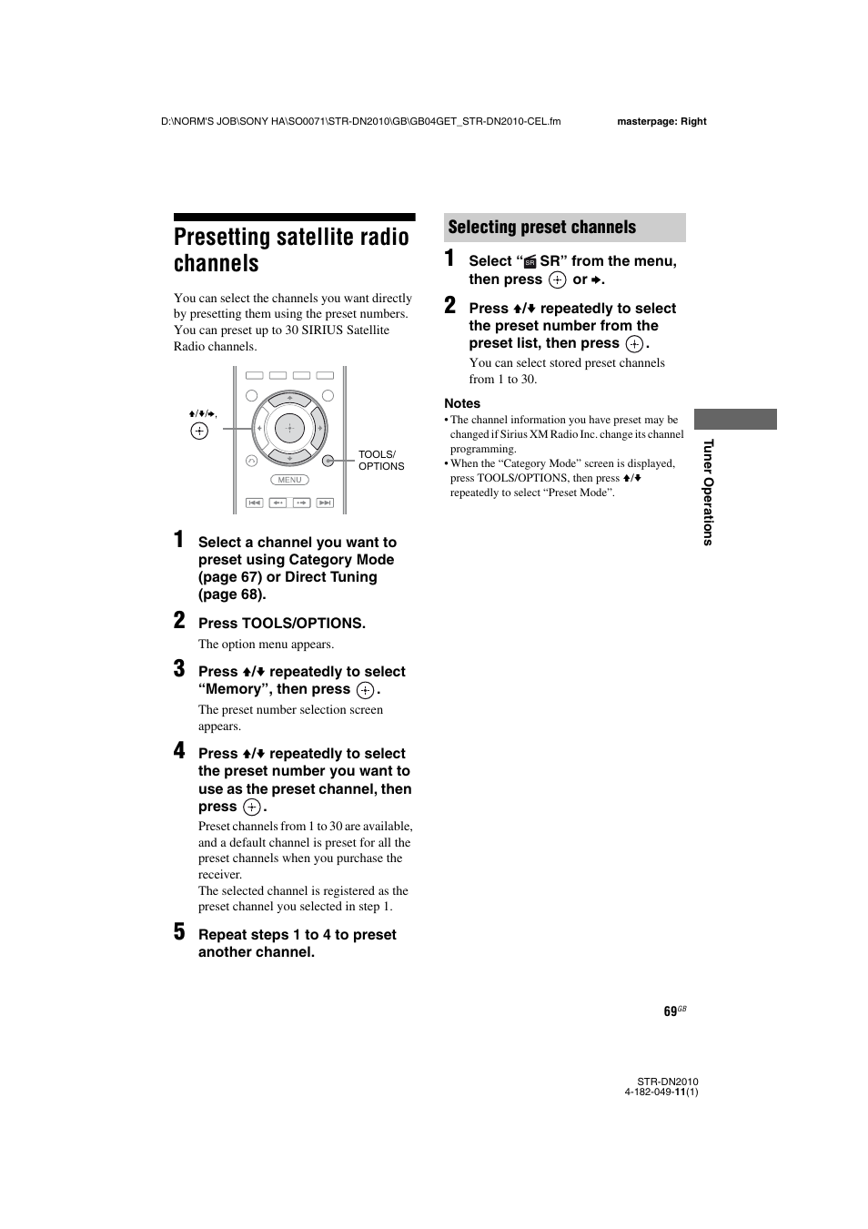 Presetting satellite radio channels, Selecting preset channels | Sony STR-DN2010 User Manual | Page 69 / 152