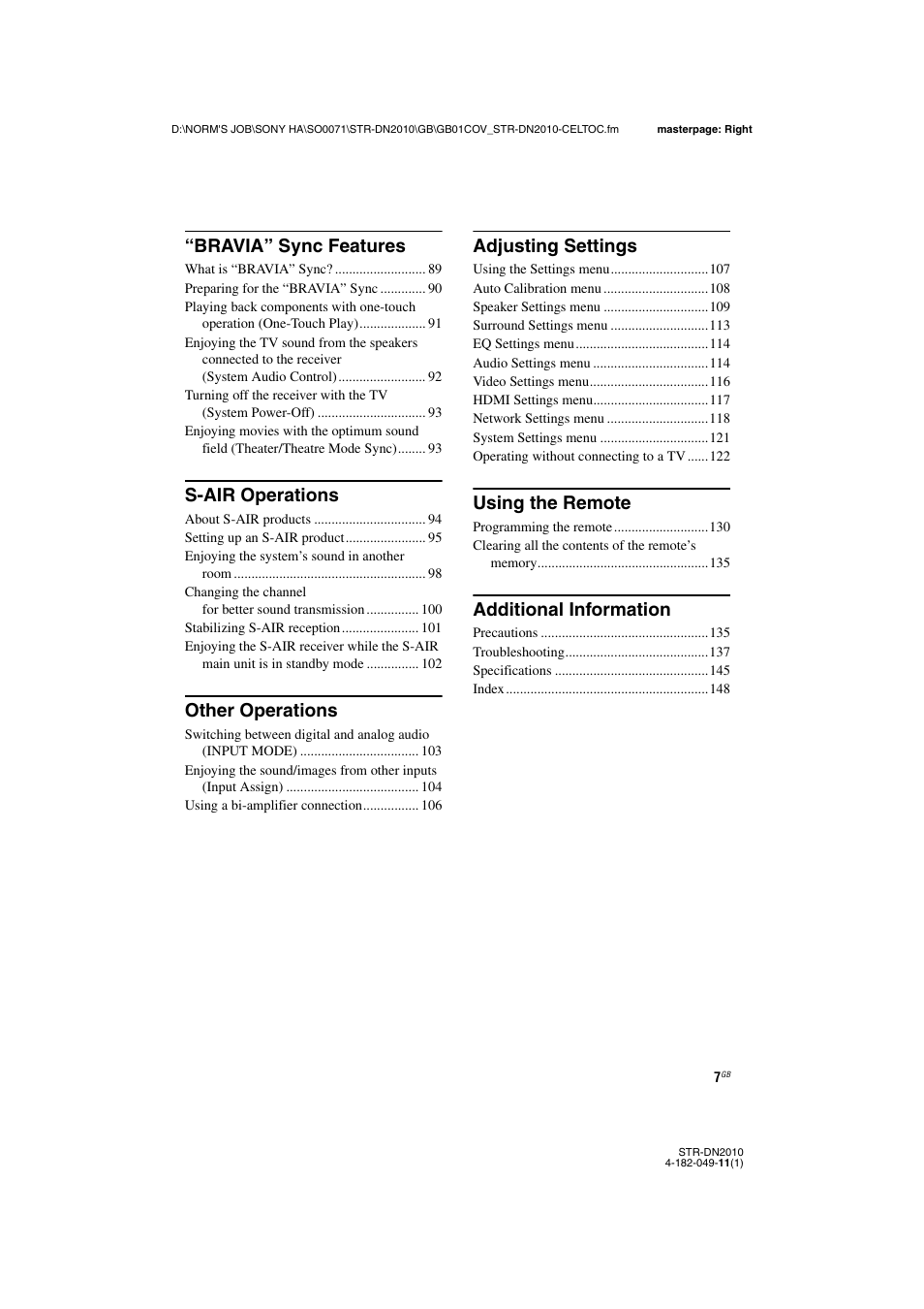 Bravia” sync features, S-air operations, Other operations | Adjusting settings, Using the remote, Additional information | Sony STR-DN2010 User Manual | Page 7 / 152