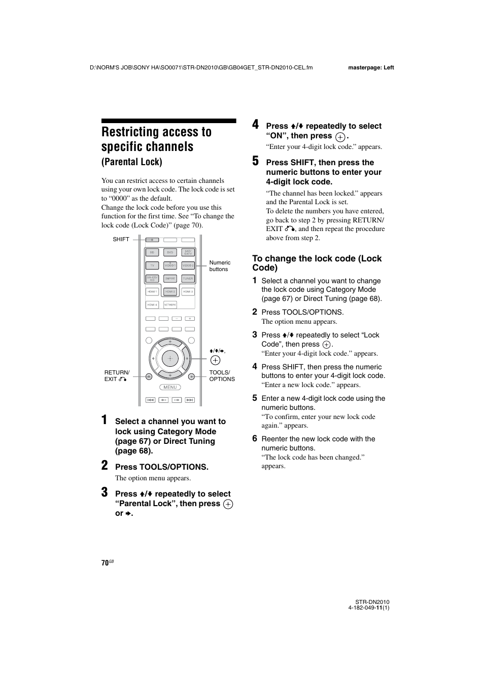 Restricting access to specific channels, Parental lock) | Sony STR-DN2010 User Manual | Page 70 / 152