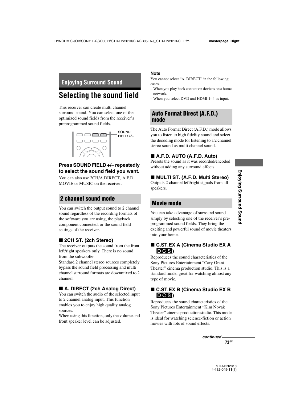 Enjoying surround sound, Selecting the sound field, Age 73 | Enjoying surround sound 2 channel sound mode, Auto format direct (a.f.d.) mode movie mode | Sony STR-DN2010 User Manual | Page 73 / 152