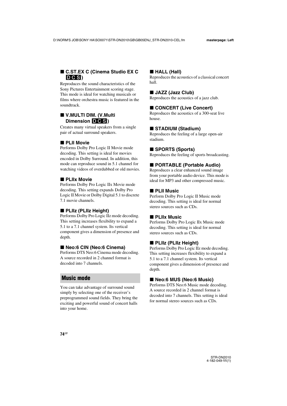 Music mode | Sony STR-DN2010 User Manual | Page 74 / 152