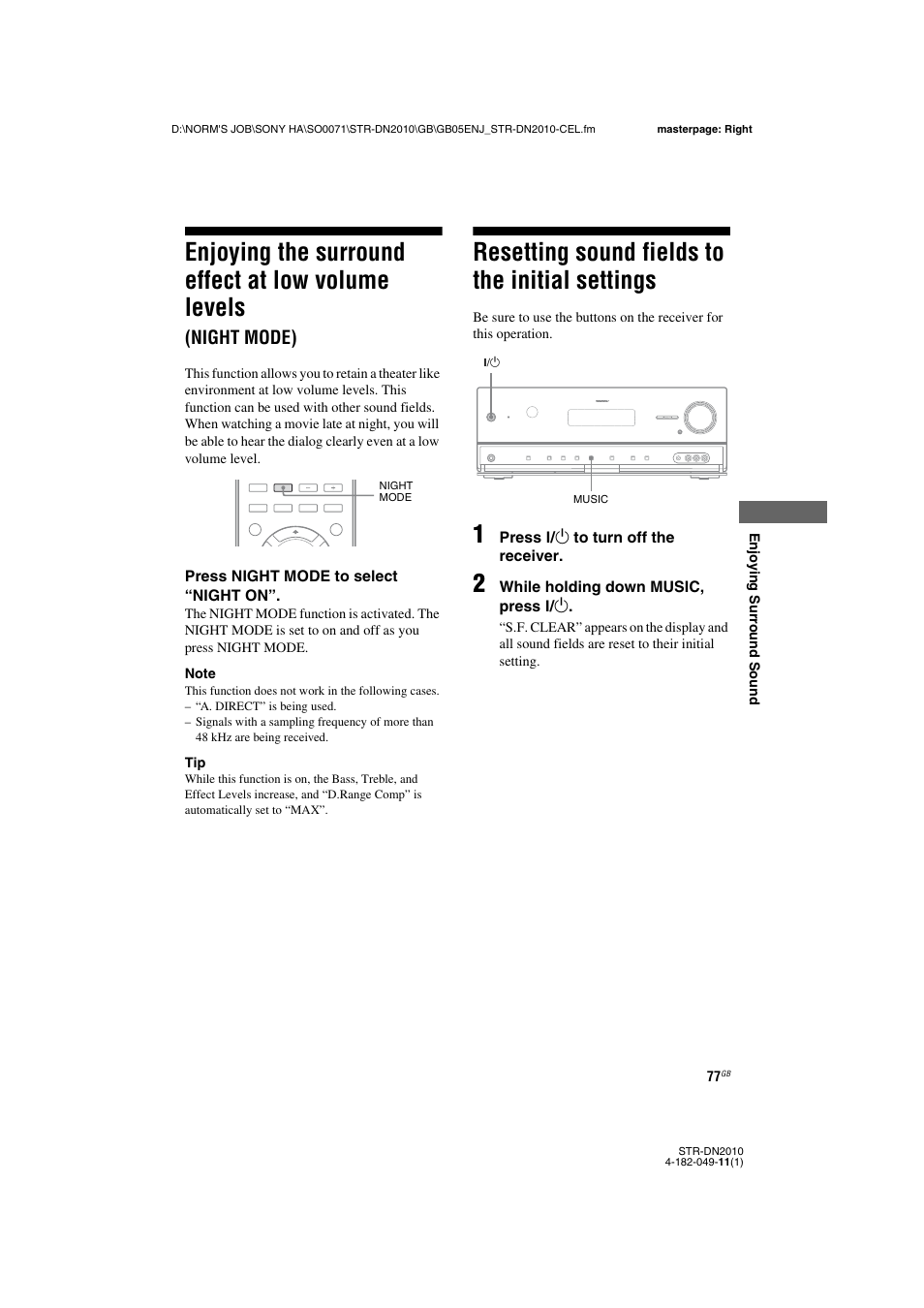 Resetting sound fields to the initial settings, Enjoying the surround effect at low volume, Levels (night mode) | Resetting sound fields to the initial, Settings, Enjoying the surround effect at low volume levels, Night mode) | Sony STR-DN2010 User Manual | Page 77 / 152