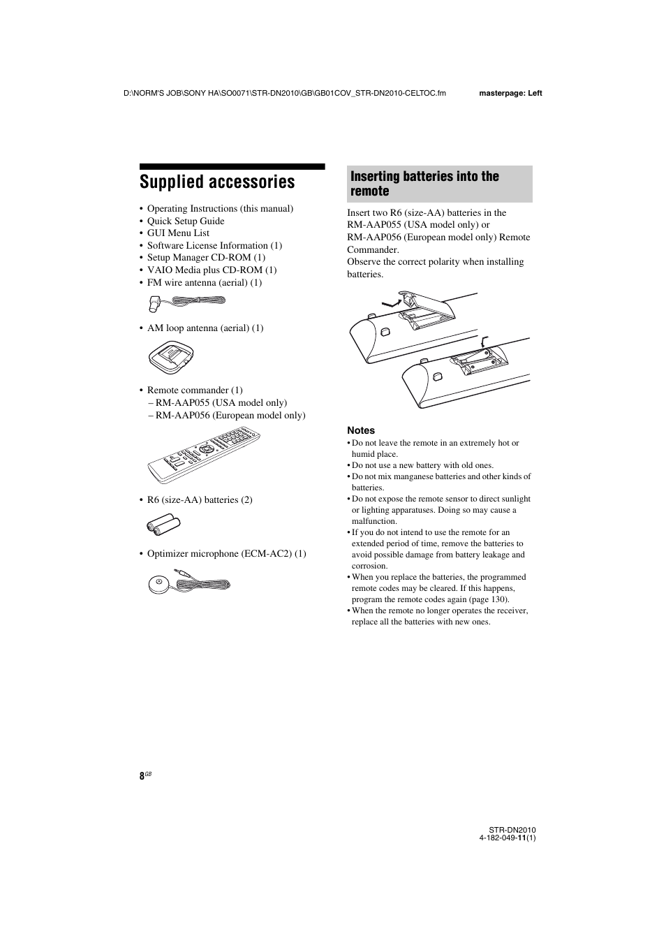 Supplied accessories, Inserting batteries into the remote | Sony STR-DN2010 User Manual | Page 8 / 152