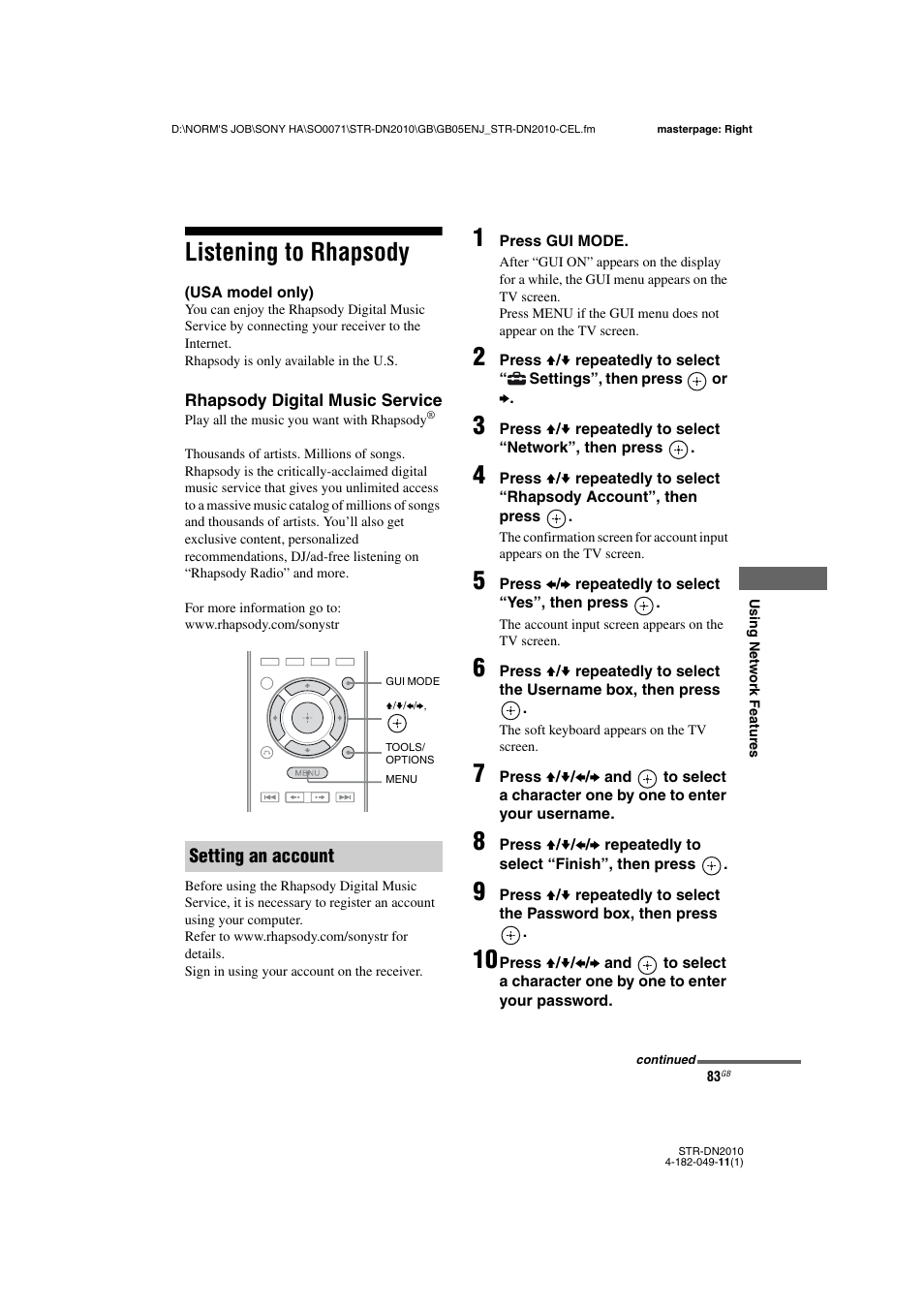 Listening to rhapsody, Usa model only) | Sony STR-DN2010 User Manual | Page 83 / 152