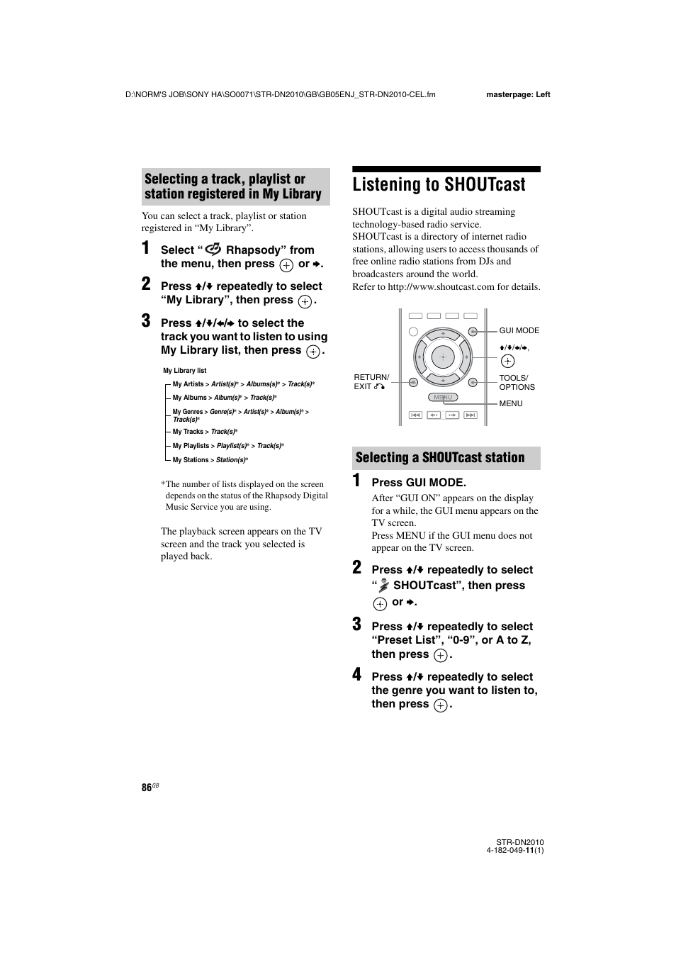 Listening to shoutcast, 86) an, Selecting a shoutcast station | Sony STR-DN2010 User Manual | Page 86 / 152