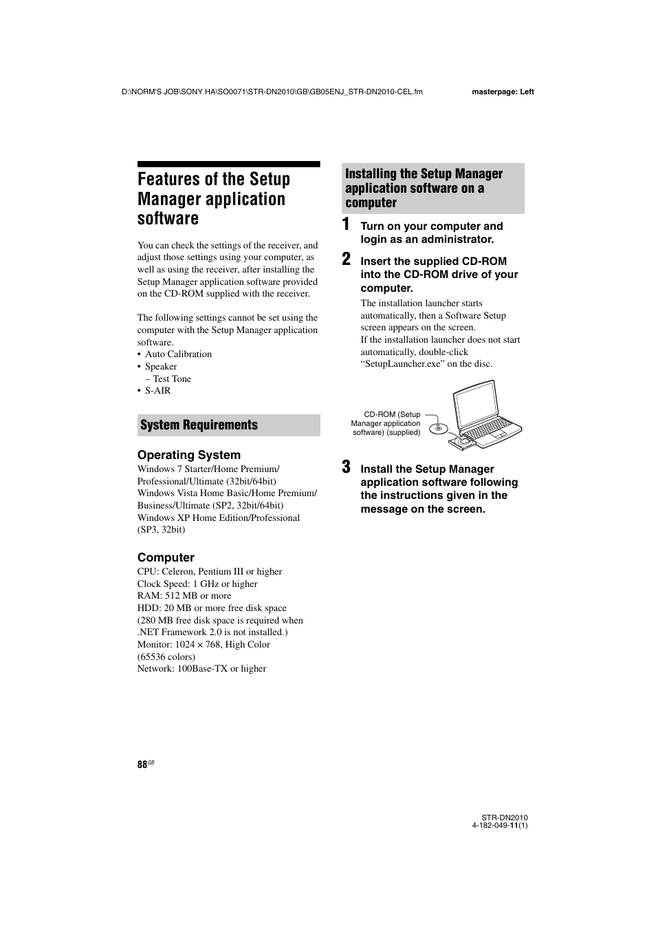 Features of the setup manager application software, Features of the setup manager application, Software | Sony STR-DN2010 User Manual | Page 88 / 152