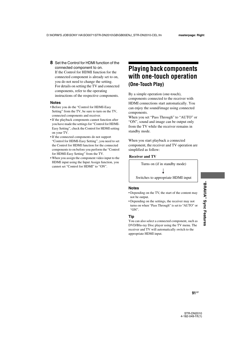 Playing back components with one-touch, Operation (one-touch play), Playing back components with one-touch operation | One-touch play) | Sony STR-DN2010 User Manual | Page 91 / 152