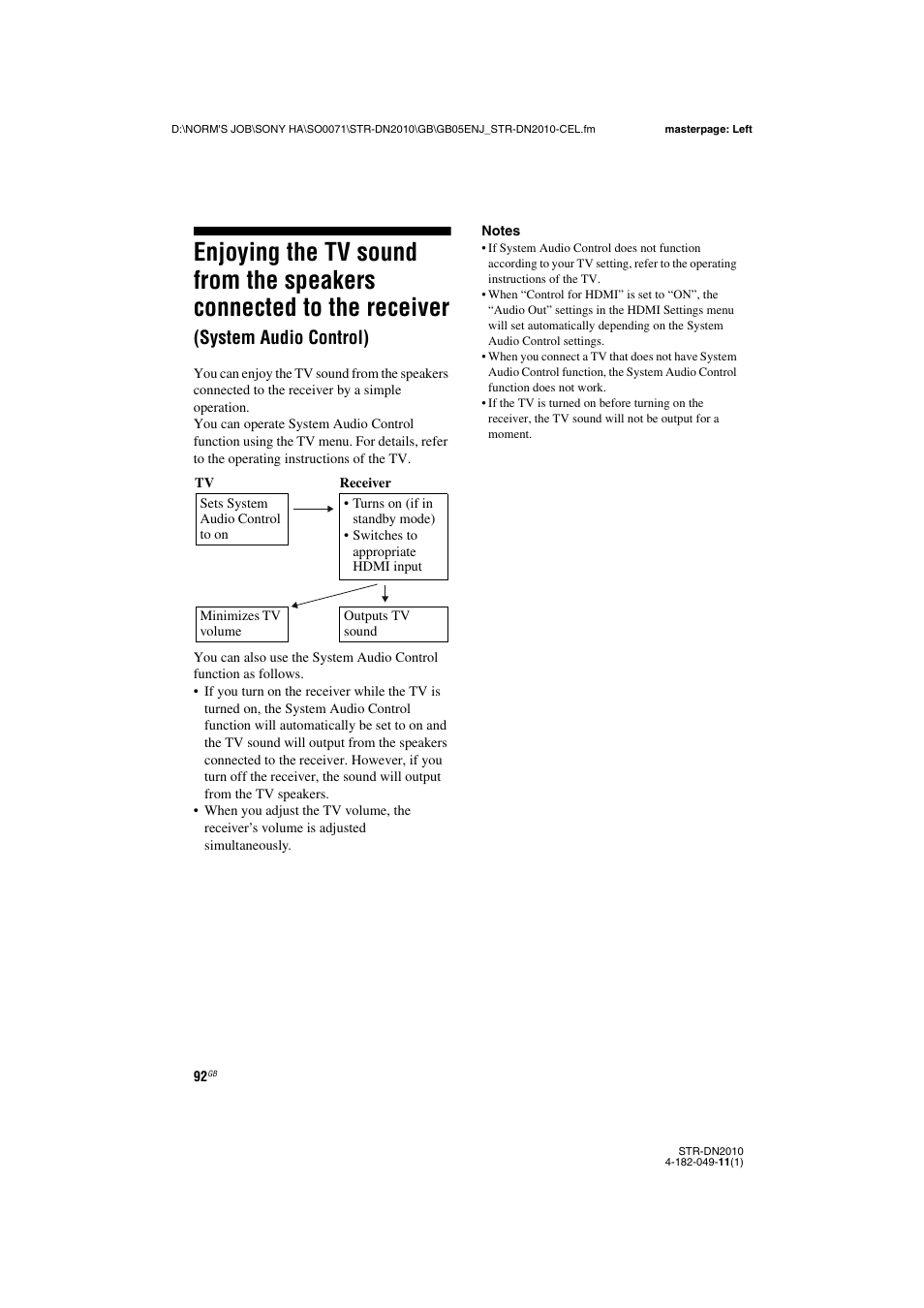 Enjoying the tv sound from the speakers, Connected to the receiver, System audio control) | Sony STR-DN2010 User Manual | Page 92 / 152