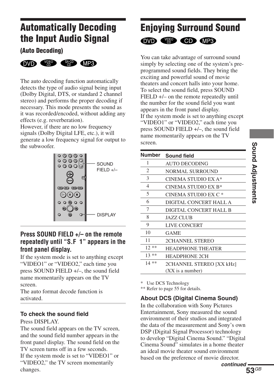 Automatically decoding the input audio signal, Enjoying surround sound | Sony DAV-DS1000 User Manual | Page 53 / 88