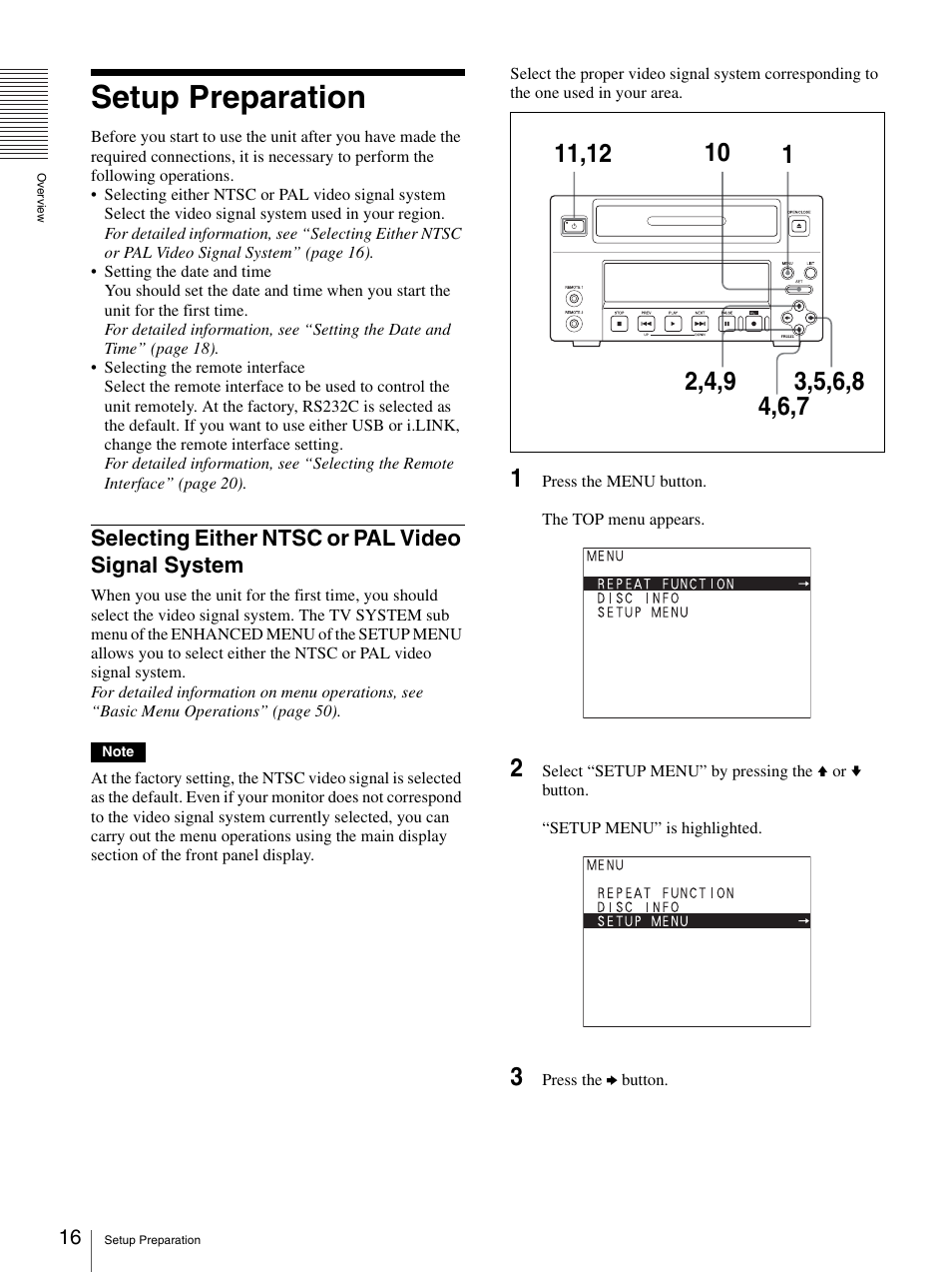 Setup preparation, Selecting either ntsc or pal video signal system, Selecting either ntsc or pal video signal | System | Sony DVO-1000MD User Manual | Page 16 / 62