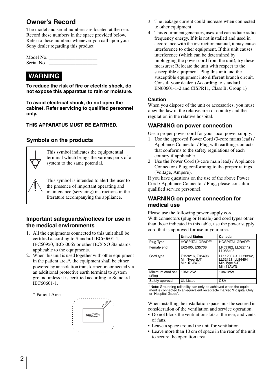 Owner's record, Warning, Warning on power connection | Warning on power connection for medical use | Sony DVO-1000MD User Manual | Page 2 / 62