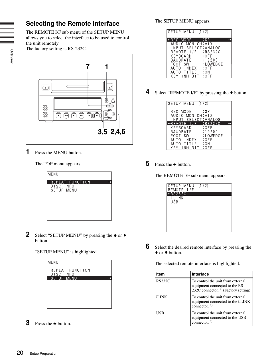 Selecting the remote interface | Sony DVO-1000MD User Manual | Page 20 / 62