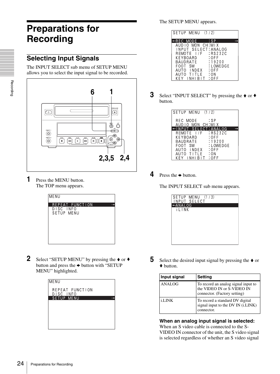 Preparations for recording, Selecting input signals | Sony DVO-1000MD User Manual | Page 24 / 62