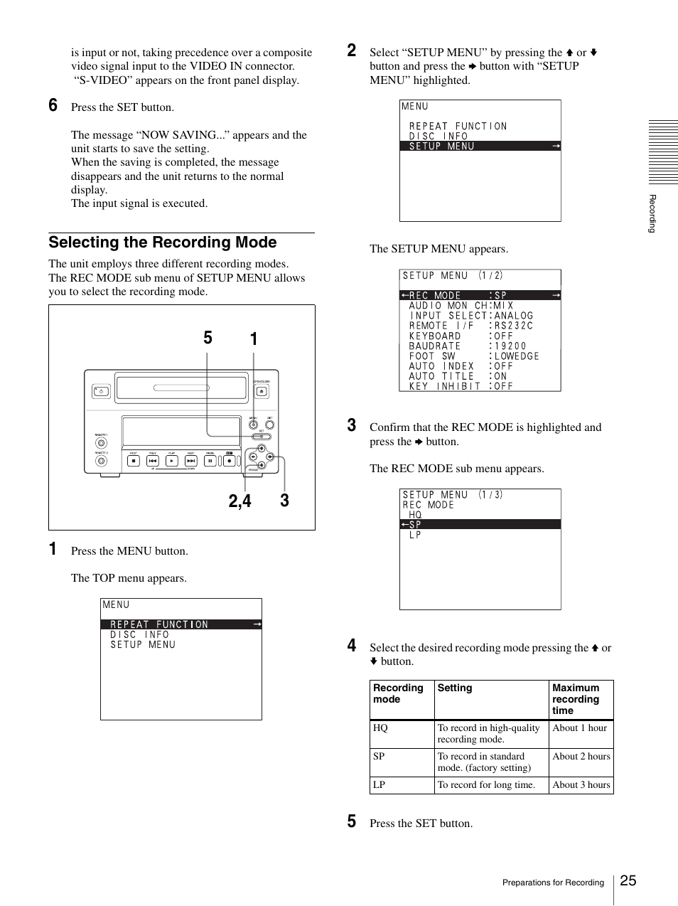 Selecting the recording mode | Sony DVO-1000MD User Manual | Page 25 / 62
