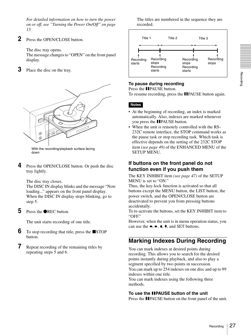 Marking indexes during recording | Sony DVO-1000MD User Manual | Page 27 / 62