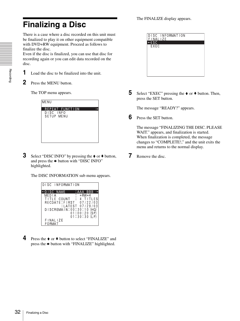 Finalizing a disc | Sony DVO-1000MD User Manual | Page 32 / 62