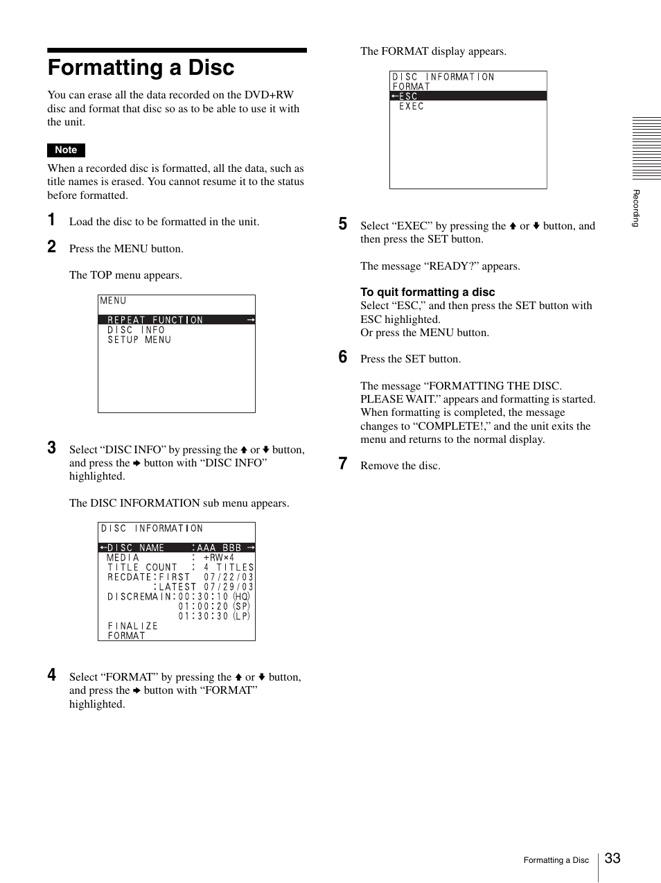 Formatting a disc | Sony DVO-1000MD User Manual | Page 33 / 62