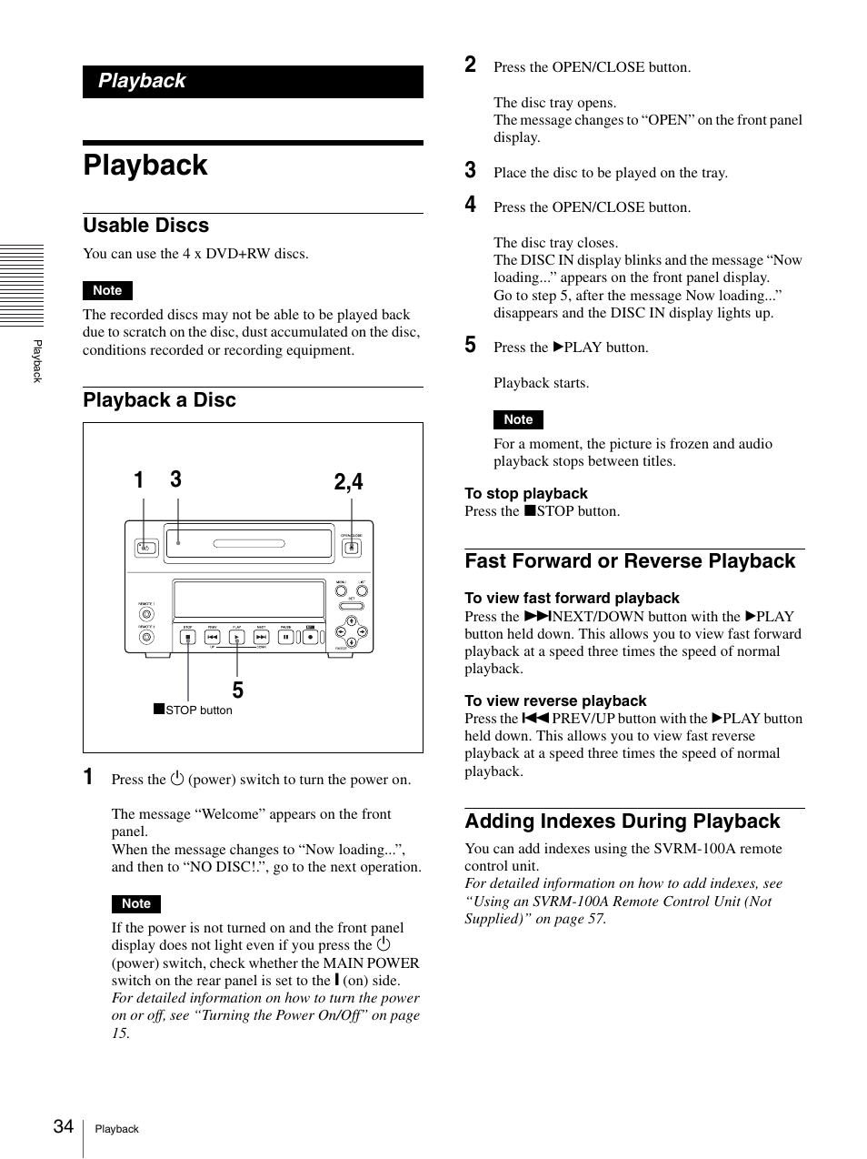 Playback, Usable discs, Playback a disc | Fast forward or reverse playback, Adding indexes during playback | Sony DVO-1000MD User Manual | Page 34 / 62